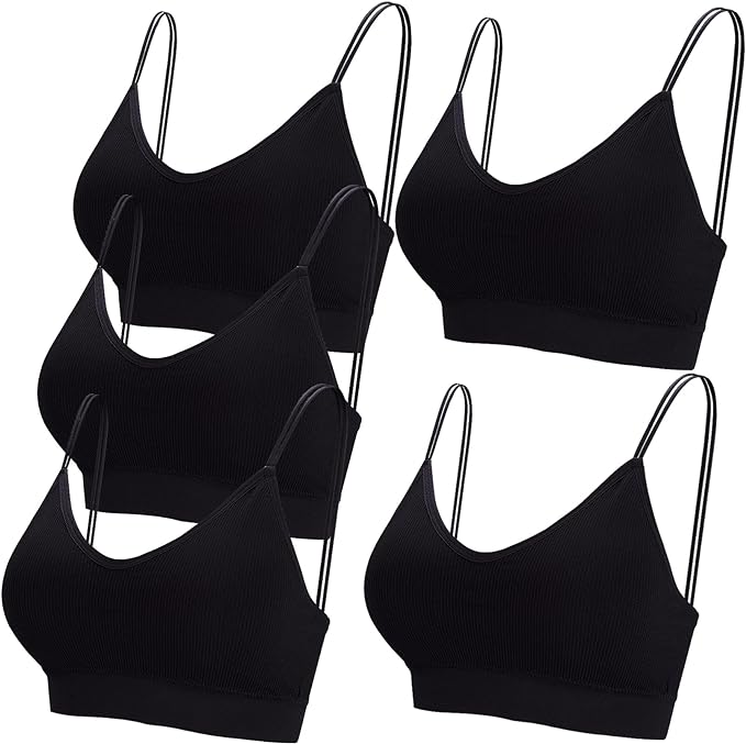 BQTQ Pack of 5 Bralettes, V-Neck, Cami Top Bra, Women’s Bralette, Sleeping Bra for Women, Girls, black, XXL