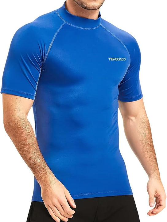 TERODACO Rash Vest Mens Short Sleeve UV 50+ Swimming Shirts for Men Compression Sweat Wicking Rash Guard Mens Base Layer for Wetsuit Diving Surfing,Quick Dry Lightweight Stretchy 222 Blue XL