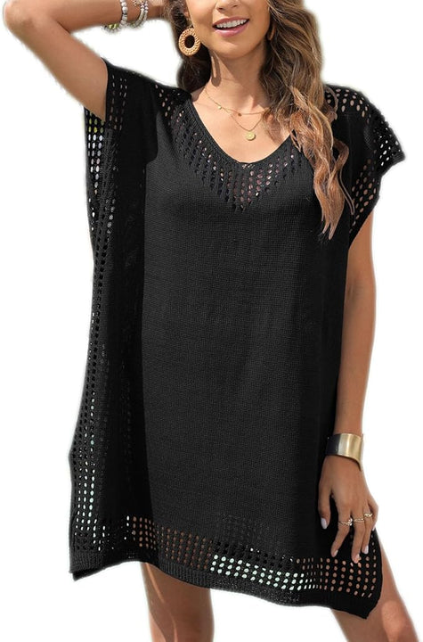 Baynetin Women's Swim Cover-Ups and Sarongs, One Piece Sexy Hollow Out V-Neck Short Sleeve Crochet Dress Bikini Swimsuit Bathing Beachwear (Black)
