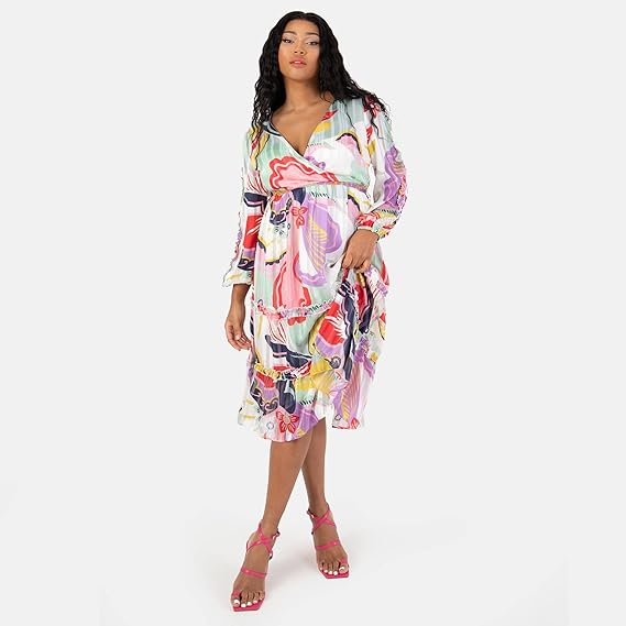 Lovedrobe Women's Plus Size Ladies Long Sleeve Maxi Dress Abstract Print Bishop Back Hole V-Neckline Faux Wrap Tie Belt Size 18