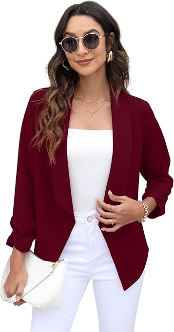 GRECERELLE Womens Blazer Suit Open Front Cardigan 3/4 Ruched Sleeve Casual Work Office Cropped Blazer Jacket for Ladies (Wine Red, US 14= UK16-18)