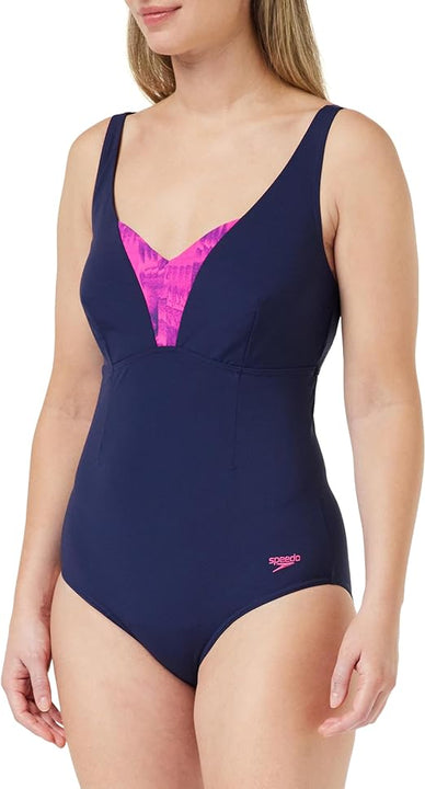 Speedo Women's Shaping Printed OpusGem DD+ 1 Piece Swimsuit | Shapewear | Beach and Holiday Swimwear, Black/Pure Blue/Bloominous Pink/Cupid Coral, 38