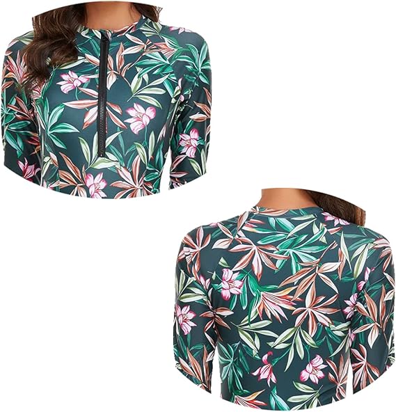 Beachkini One-Piece Swimsuit for Women Long-Sleeved Swimwear with Front Zip Triangle Swimsuit,11 Green,L