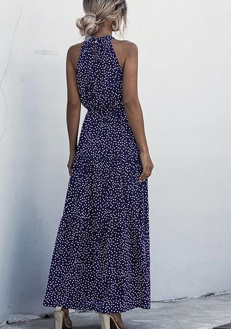 EFOFEI Women's Sleeveless Long Summer Dress Off Shoulder Elegant Dress Plain Swing Dress Halterneck Maxi Evening Dress, Royal Blue Polka Dot, L