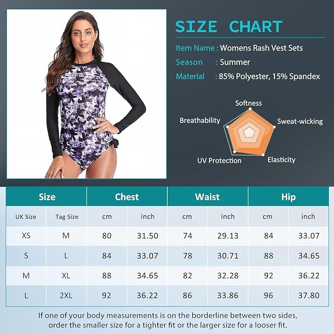 Sillictor Rash Vest Women Swimming Tops UV Womens Swim Shorts and Top Set Ladies 2 Piece Long Sleeve Swimsuits for Women Rash Guard Shirts with Build in Bra for Surfing,Quick Dry 172 Purple M