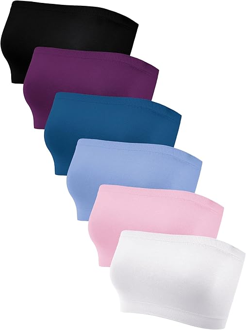 Geyoga 6 Pieces Strapless Bandeau Bras, Seamless Bralettes Stretchy Non Padded Tube Tops for Women(Medium,White, Pink, Light Blue, Purplish Red, Black, Peacock Blue) M