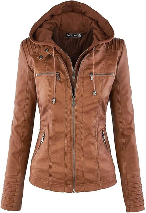 Newbestyle Faux Leather Jacket for Women Hooded Moto Biker Jacket Full-zip Long Sleeve Outwear Tops Brown XL