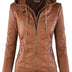 Newbestyle Faux Leather Jacket for Women Hooded Moto Biker Jacket Full-zip Long Sleeve Outwear Tops Brown XL