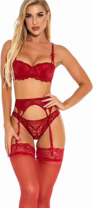 Bluewhalebaby Sexy Lingerie for Women Push up Lace Bra and Sheer Knicker Underwear with Suspender Garter Belt for Thigh High Stocking Set Red with garter belt 40C