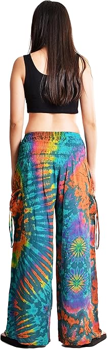 Orient Trail Women's Bohemian Yoga Wide Leg Palazzo Tie Dye Pants XL Miami Teal