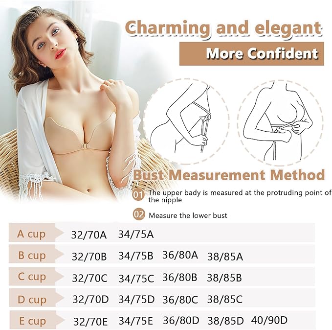 Lnmyic Push up Bra Backless Bras for Women, Stick on Bra Reusable Strapless bra, Comfortable Invisible Sticky bra and Nipple Covers for All Backless Clothes, Beige, B