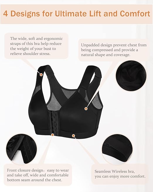 DotVol Comfort Front Closure Full Coverage Back Support Non Padded Wirefree Everyday Bra for Women(Black,32DD)