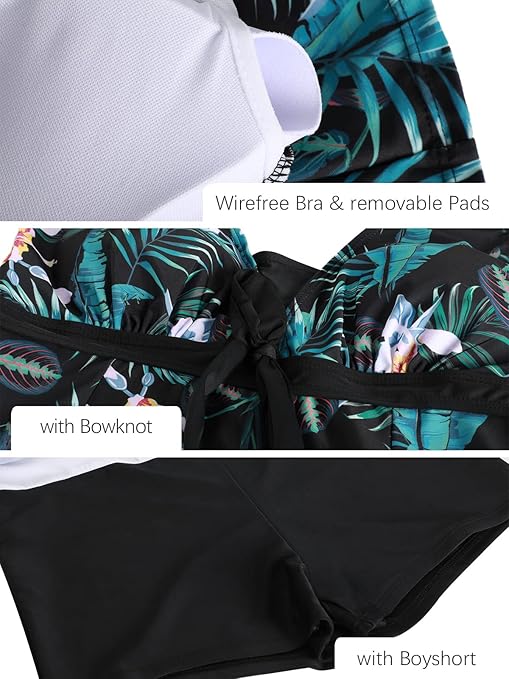 ECUPPER Womens Plus Size Skirted Swimsuit Floral Printed Swimwear Padded Swim Suit Dress with Boy Shorts