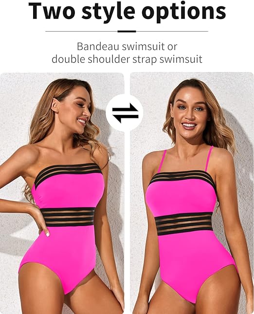 Holipick One Piece Swimsuits Tummy Control Strapless Bathing Suits for Women Slimming Bandeau Tube Swimswear, Hot Pink, Large