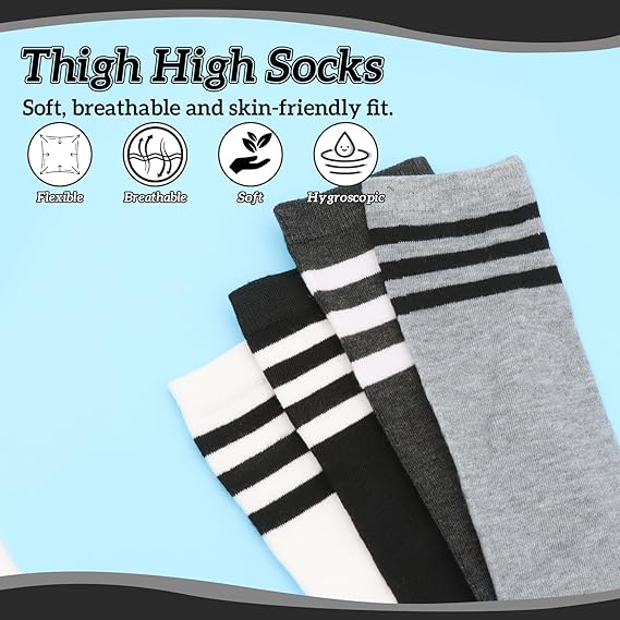 ZYNERY 4 Pairs Stripes Thigh High Socks, Black White Light Grey Dark Grey Knee High Socks, Stretchy Striped Long Socks for Women Girls (Modern, Polyester)