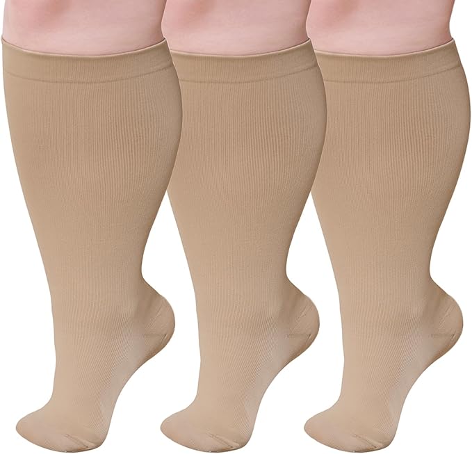 PUTUO Wide Calf Compression Socks: Plus Size Graduated Compression Stockings for Men Women Large Compression Sock for Support Flight Travel Pregnancy Edema Nurses Seniors 20-30 mmHg Beige 4XL 3Pairs