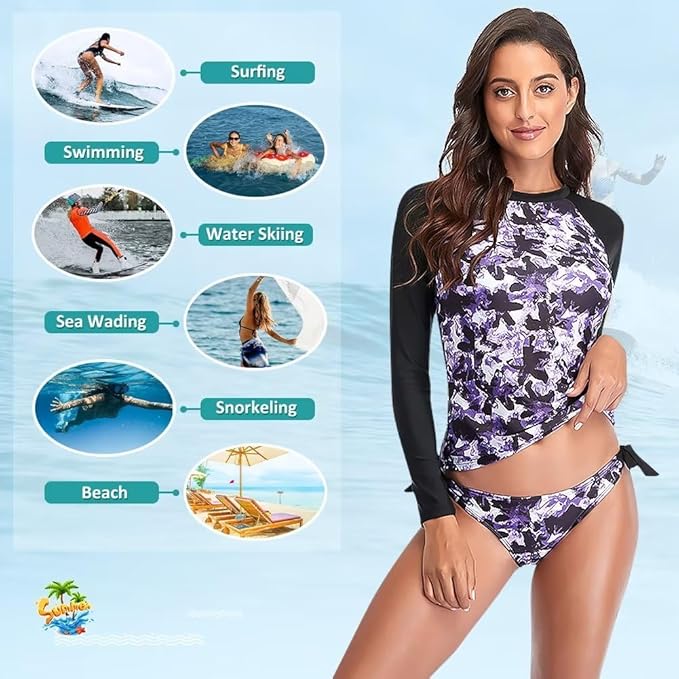 Sillictor Rash Vest Women Swimming Tops UV Womens Swim Shorts and Top Set Ladies 2 Piece Long Sleeve Swimsuits for Women Rash Guard Shirts with Build in Bra for Surfing,Quick Dry 172 Purple M