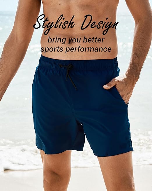 Arcweg Men's Swim Trunks Mens Swimming Shorts with Compression Liner Quick Dry Stretchy 2 in 1 Board Shorts with Zipper Pockets Khaki L(UK)