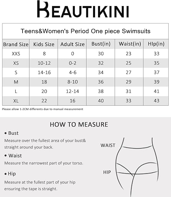Beautikini Period Swimwear One Piece Leakproof Menstrual Swimsuit Racerback Training Bathing Suit for Teens Girls and Women Black, S