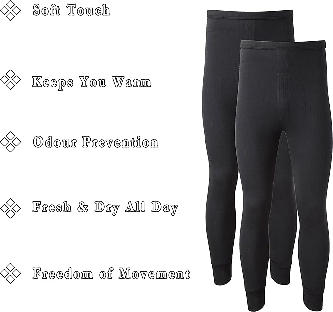 Heatwave® Pack of 2 Men's Thermal Trousers Long Johns Warm Underwear Baselayer Thermals, Medium Black