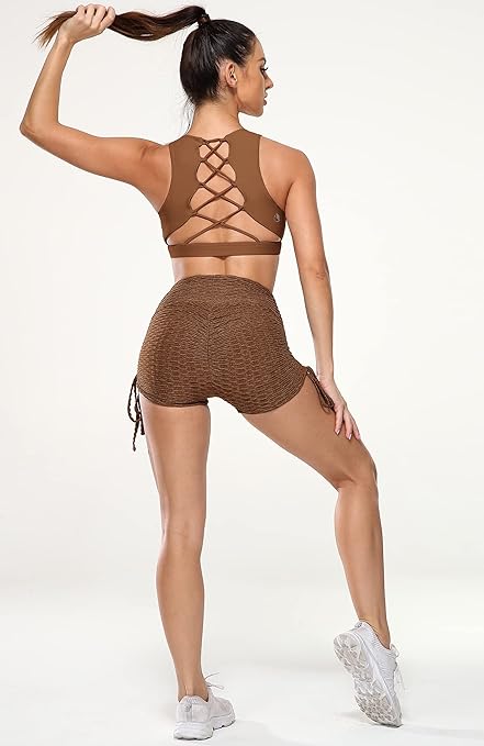 icyzone Strappy Sports Bra for Women - Gym Workout Yoga Bra with Removable Cups (L, Brown)