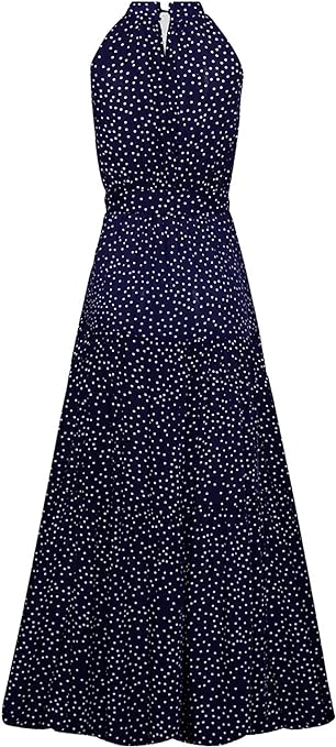 EFOFEI Women's Sleeveless Long Summer Dress Off Shoulder Elegant Dress Plain Swing Dress Halterneck Maxi Evening Dress, Royal Blue Polka Dot, L