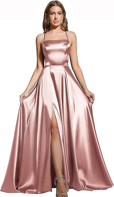 MisShow Women's Elegant Sleeveless Bridesmaid Dress,Satin Sheer Back A line Lace Sleeveless Round Neck Maxi Slit Wedding Guest Dress Dark Rose L