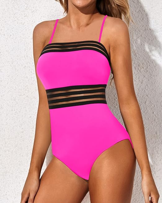 Holipick One Piece Swimsuits Tummy Control Strapless Bathing Suits for Women Slimming Bandeau Tube Swimswear, Hot Pink, Large