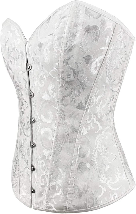 RHISLEO Women Classic Lace-up Floral Burlesque Basque Bustier Shaper Overbust Boned Corset Top (White Floral Top, M