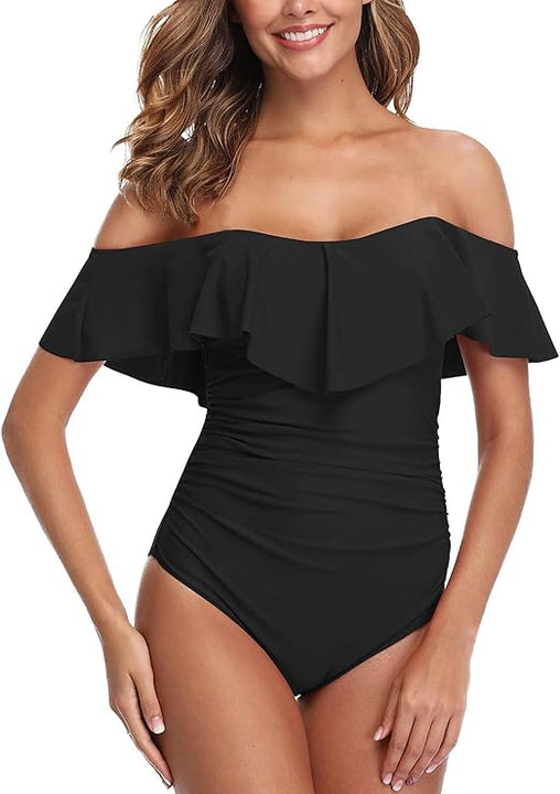 ZINPRETTY Womens Retro One Piece Bathing Suit Tummy Control Off Shoulder Swimsuits Flounce Ruffled Monokini, Black Swimsuit, X-Large