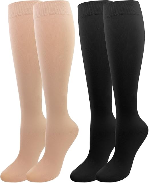 2 Pairs Medical Compression Socks for Women & Men 20-30 mmHg, class 2, Best Graduated Stockings Support Fit for Travel Flight Running Varicose Veins Pregnancy Nurses (Black+Beige, XL)