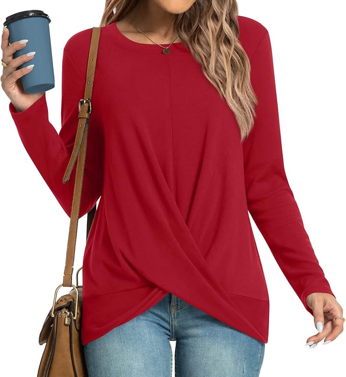 HOTGIFT Womens Christmas Tunics Top Casual Long Sleeve T-Shirts Sweaters Blouse Crewneck Red Large