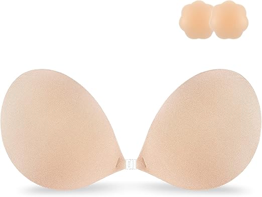 Niidor Adhesive Bra Strapless Sticky Invisible Push Up Fabric Bra Nipple Covers for Backless Dress, Nude, D