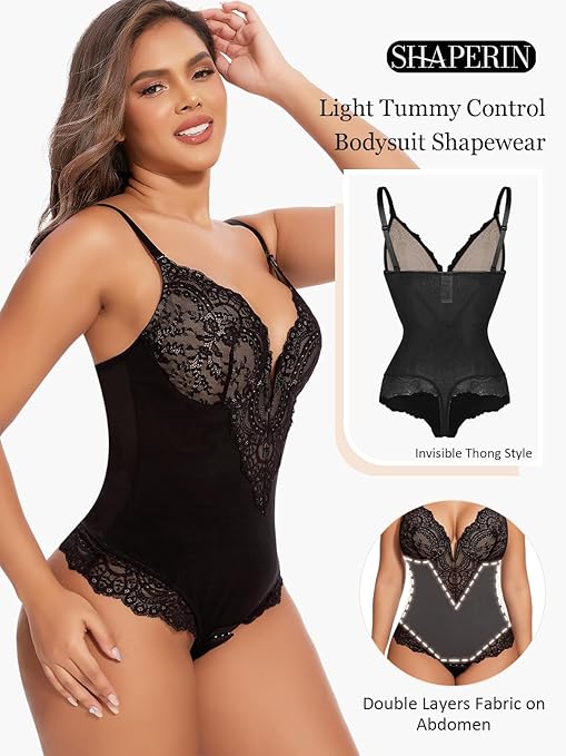 SHAPERIN Women Lace Bodysuit Shapewear Tummy Control Shaping Bodysuit Sexy Deep V Neck Bodysuit Top Body Shaper with Bra, Black, XL