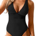 CUPSHE Women's One Piece Swimsuit Tummy Control Swimming Costume Wide Straps V Neck Ruched Textured Ribbed U Back Black L