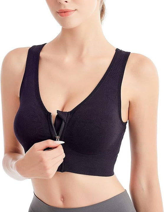CLOUSPO Sports Bra Post Surgery Bra Zip Front Wireless with Removable Pads Yoga Bra for Workout Fitness(XXL,Grey+Black)