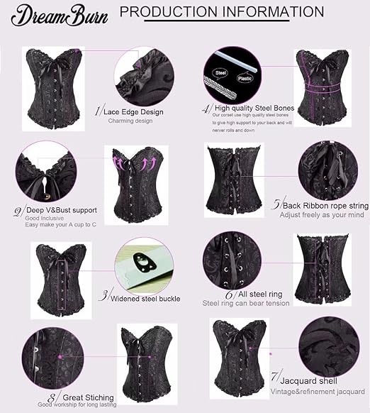 Dreamburn Bustiers Corsets Bridal Lingerie Lace up Satin Boned Corset Women's Gothic Corsets Cinchers Overbust Bodysuit