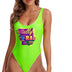 MIAIULIA Women's Retro 80s/90s Inspired High Cut Low Back Padding One Piece Swimwear Bathing Suits, Rad 80s Print Neon Green, Small