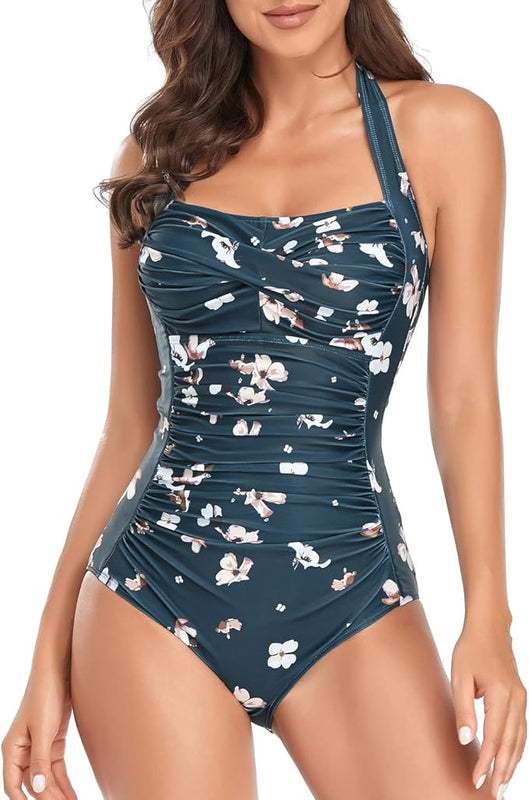 Smismivo Tummy Control Swimwear One Piece Modest Swimming Costume Women Ladies Full Body Vintage Retro Halter Neck Swimsuit Plus Size Push Up Padded Bathing Suit Floral, XXL