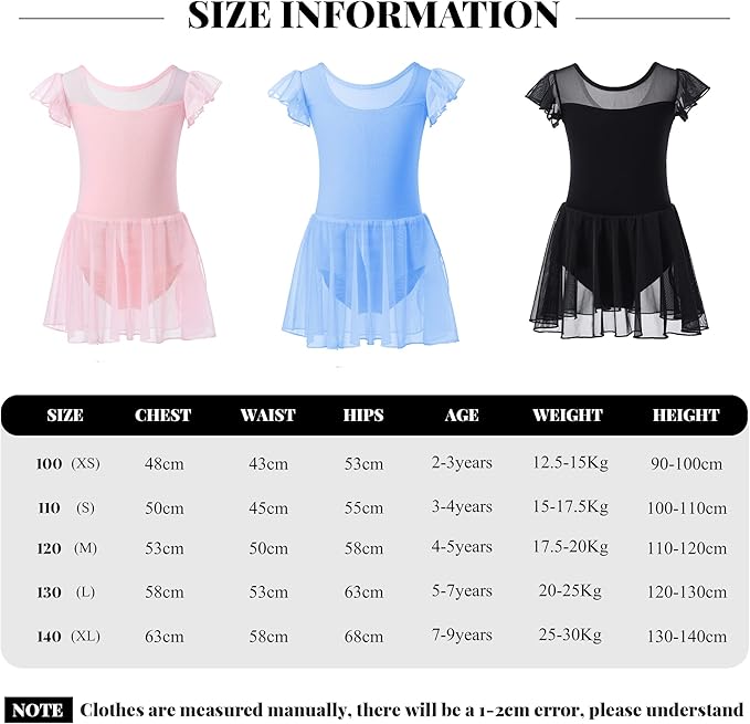 Aiseyi Ballet Dress for Girls Short Ruffled Sleeve Ballet Leotard Kids Cotton Ballet Outfit Dance Leotards with Mesh Skirt 3-4 Years Pink