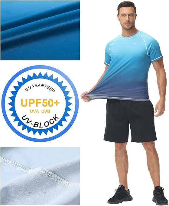 YuKaiChen Men's UPF 50+ Rash Guards Short Sleeve Swim Shirts Quick Drying Sun Protection Rash Vest Gradient Blue M