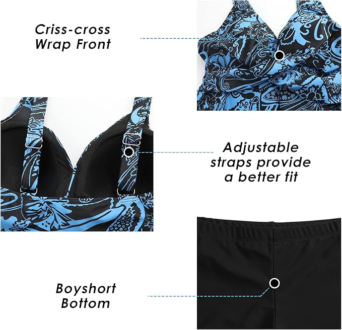 Adigaber Women Two Piece Bathing Suit Top Cross Floral Printed Swim Dress Tummy Control Tankini with Boyshorts,Dark Blue,L