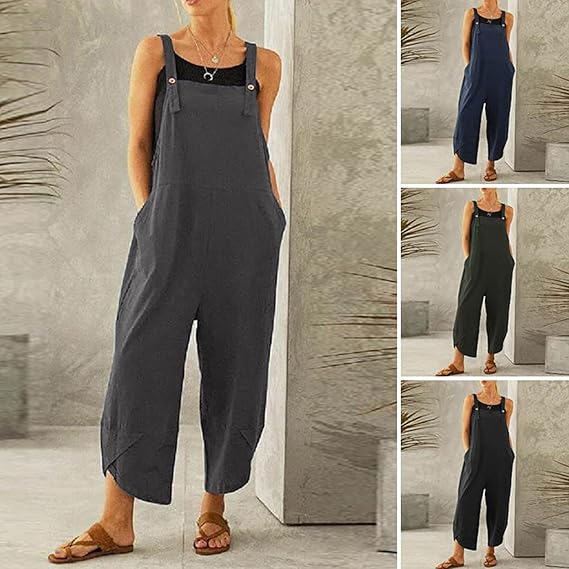 Linke Overalls for Women Casual Loose Dungarees Soft Cotton Linen Baggy Jumpsuit Adjustable Straps with Pockets, 3XL, Grey