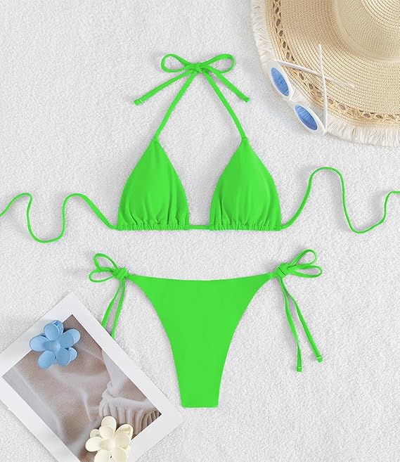 Tainehs Women's Sexy Halter Thong Bikini Tie Two Sides Bottom Triangle Bikini Swimsuits