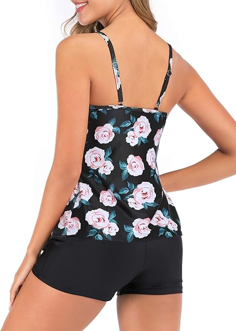 FLYILY Women 2 Piece Tankini Swimsuits Flounce Printed Top with Boyshorts Plus Size Swimwear Bathing Suit (WhiteFlower, M)