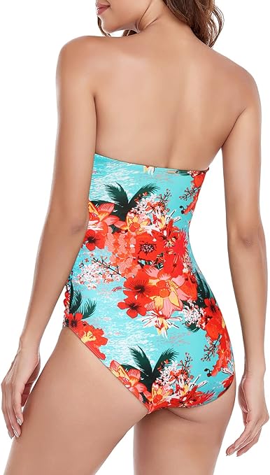 RELLECIGA Women's Tummy Control Swimwear Strapless One Piece Swimsuit for Women, Blue Floral, Medium