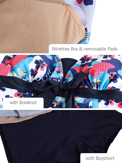 ECUPPER Womens Plus Size Skirted Swimsuit Floral Printed Swimwear Padded Swim Suit Dress with Boy Shorts