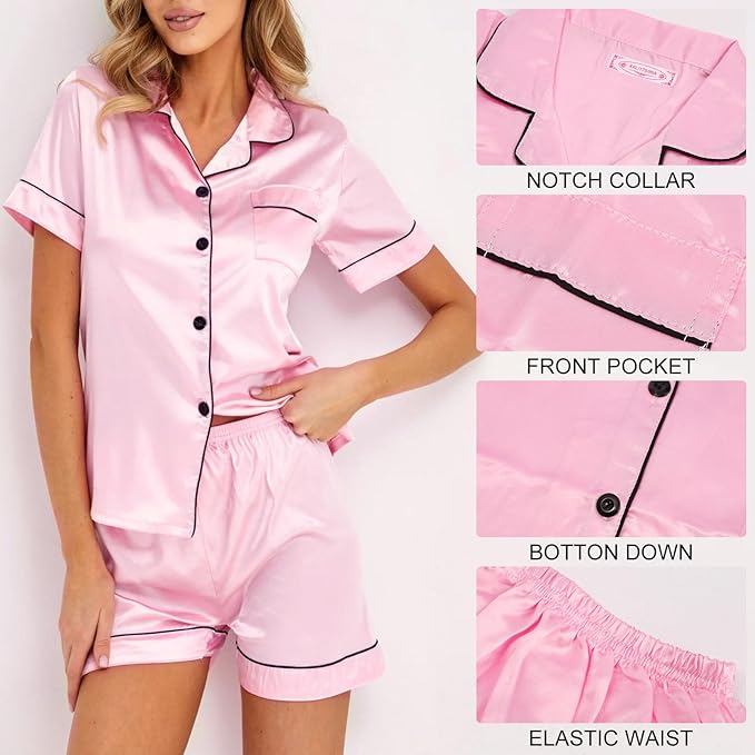 BBXWANG Womens Silk Satin Pajamas, Button up Cardigan Loungewear Pjs Shorts Set, Bridesmaid Short Sleeves Pyjamas Sleepwear Pink XL