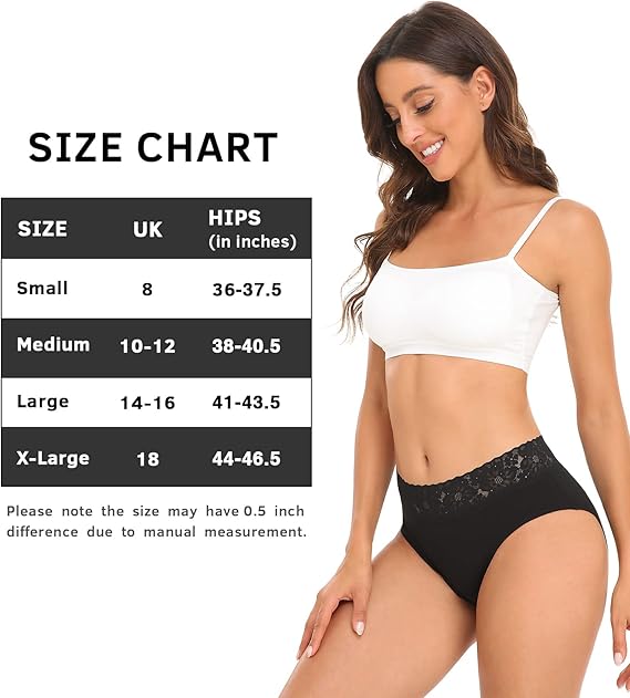 Wealurre Cotton Underwear Women Lace Waistband Full Briefs Ladies High Leg Knickers for Women Soft Stretch Panties Multipack 5 (X-Large, Black)