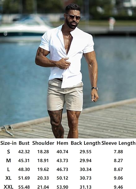 URRU Men's Muscle Dress Shirts Slim Fit Stretch Banded Collar Short Sleeve Casual Button Down Shirt White M